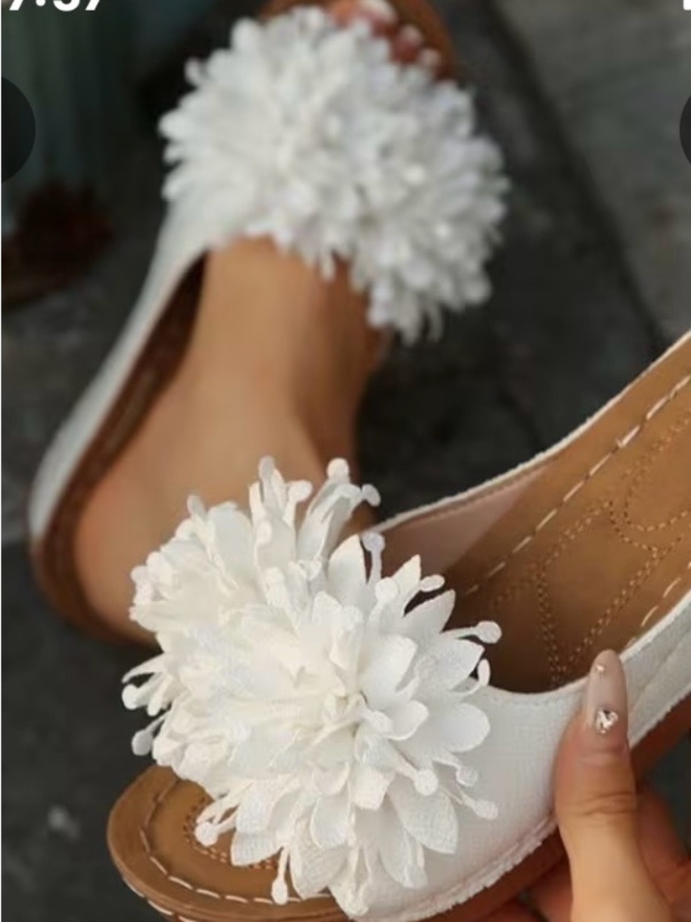 Women’s White Floral Pom-Accent Slip-On Flats